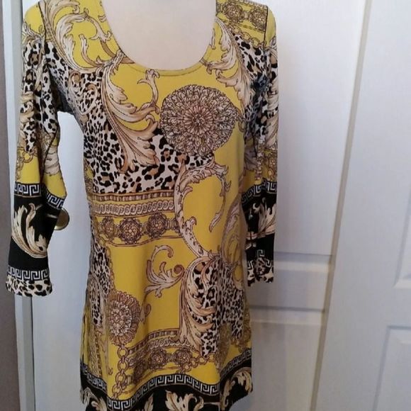 EVA VARRO TUNIC YELLOW BLACK ANIMAL PRINT SMALL WOMENS SMALL - Picture 2 of 8